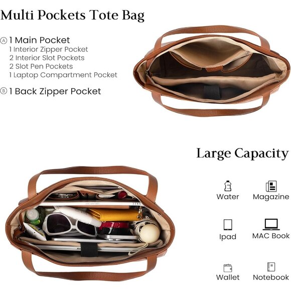 🆕Women Cognac Brown Genuine Leather Work Shoulder Laptop Compartment Handbag - Picture 7 of 10